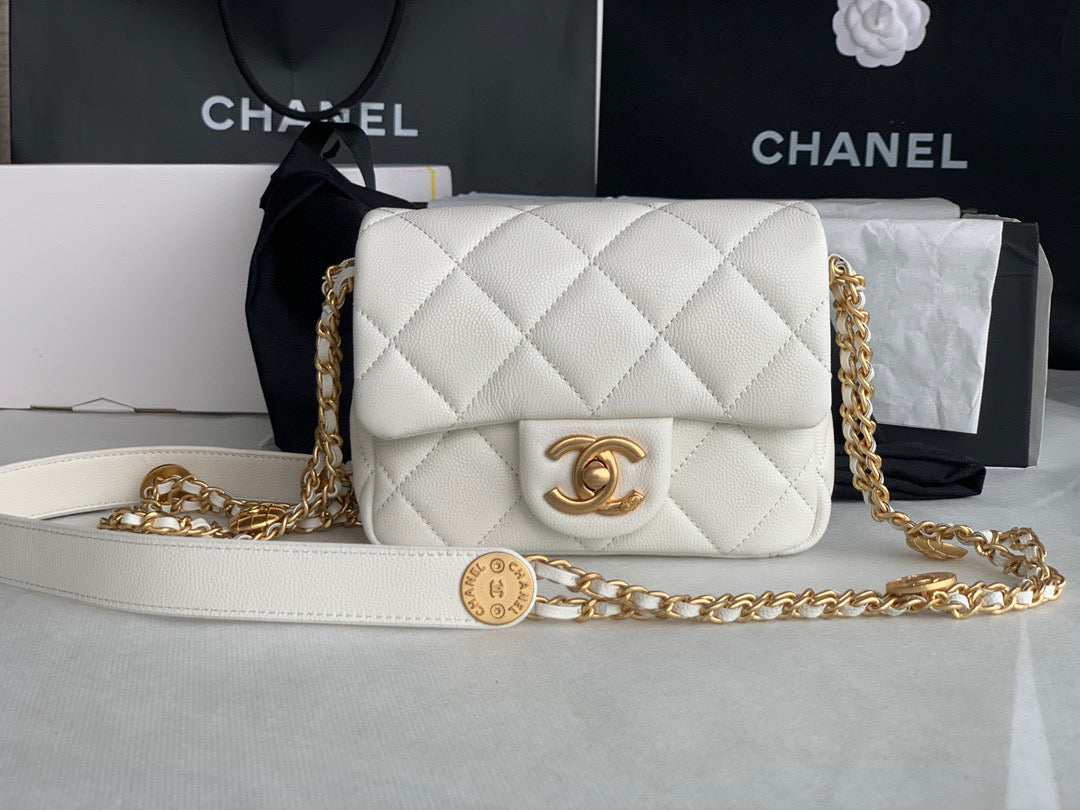 Chanel Mini Flap Bag Shiny Calfskin Gold-Tone Metal AS3368 White - Default Title - View 1