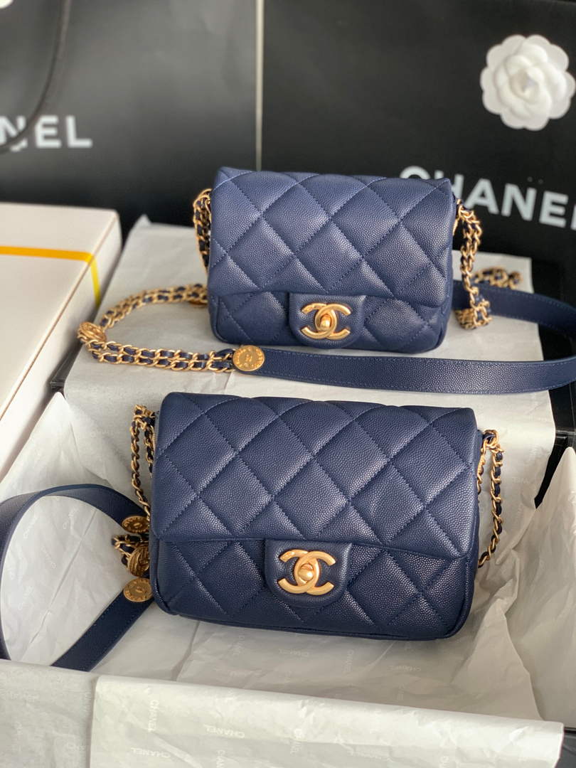 Chanel Small Flap Bag Shiny Calfskin Gold-Tone Metal AS3369 Navy Blue - Default Title - View 1