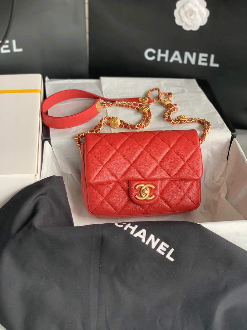Chanel Small Flap Bag Shiny Calfskin Gold-Tone Metal AS3369 Red