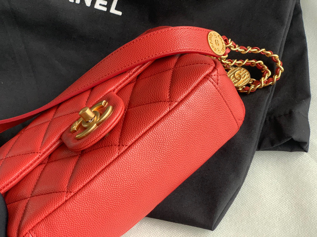 Chanel Small Flap Bag Shiny Calfskin Gold-Tone Metal AS3369 Red