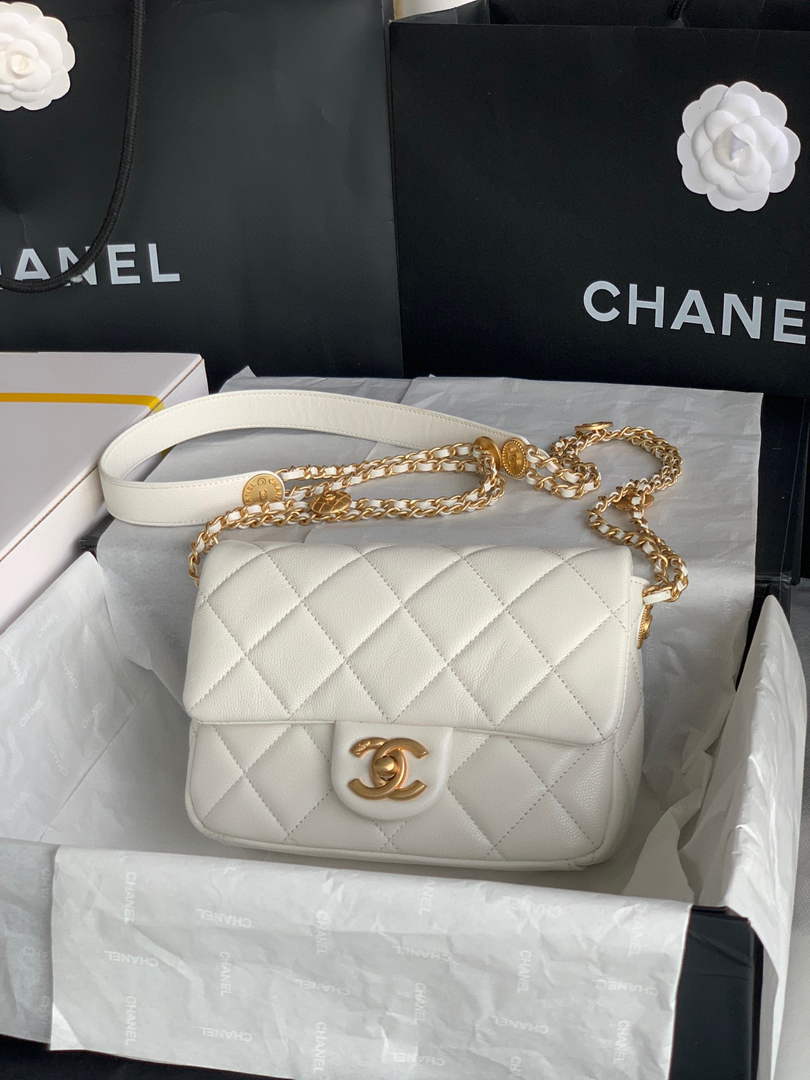Chanel Small Flap Bag Shiny Calfskin Gold-Tone Metal AS3369 White - Default Title - View 2