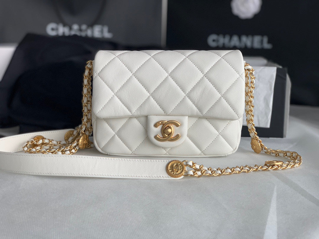 Chanel Small Flap Bag Shiny Calfskin Gold-Tone Metal AS3369 White - Default Title - View 3