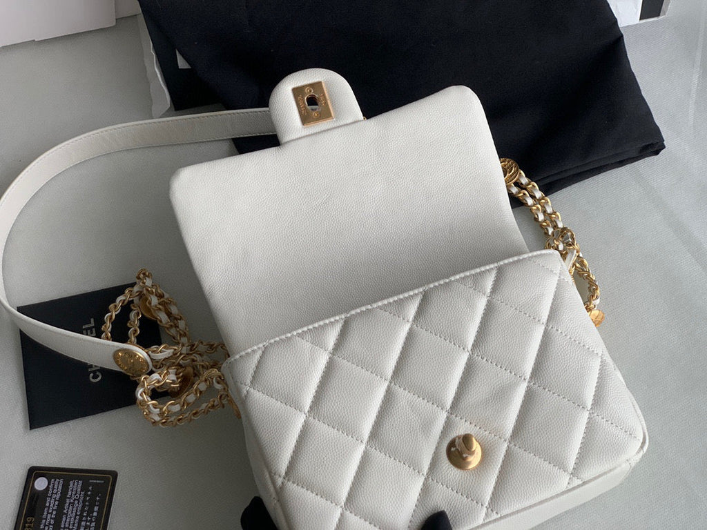 Chanel Small Flap Bag Shiny Calfskin Gold-Tone Metal AS3369 White
