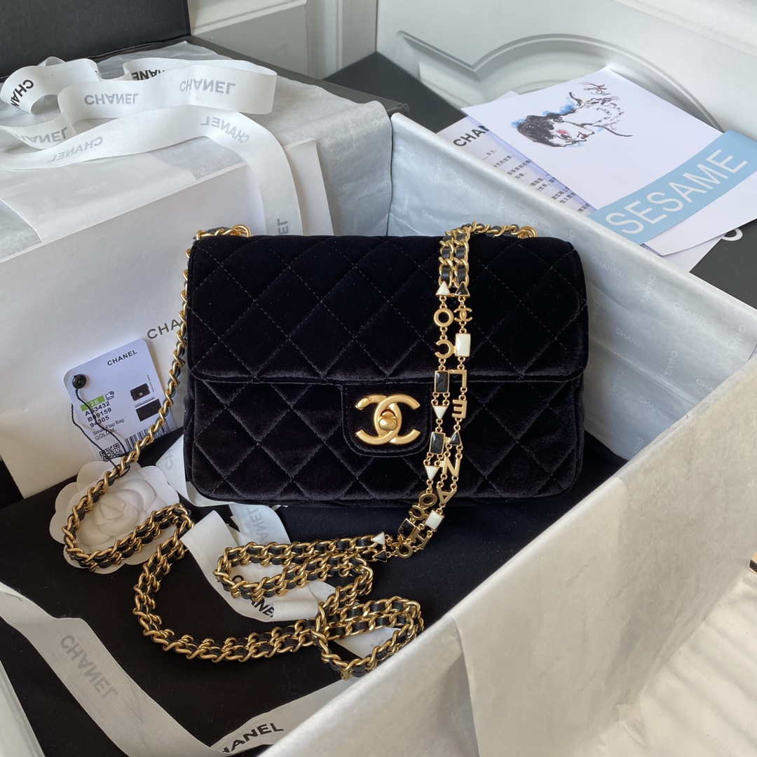 Chanel AS3432 Small Flap Bag Velvet Enamel & Gold-Tone Metal Black - Default Title - View 1
