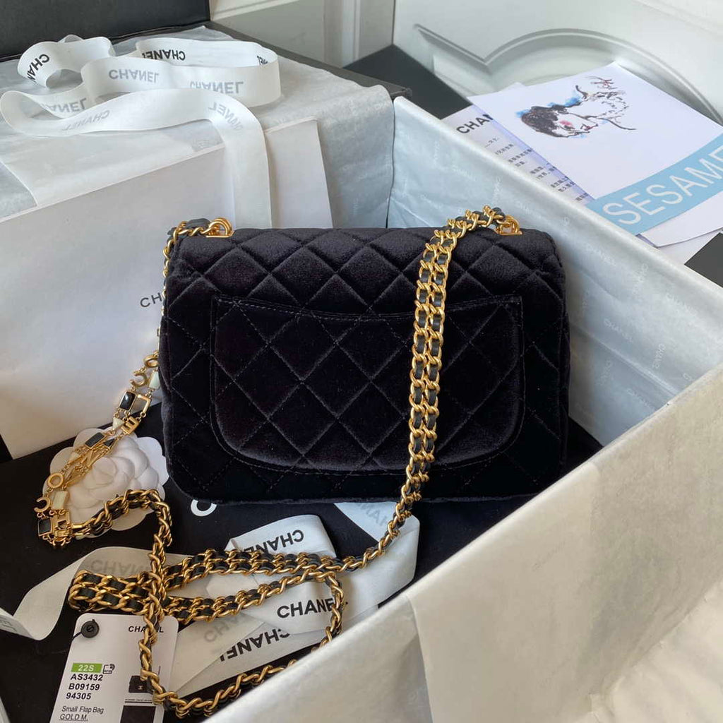 Chanel AS3432 Small Flap Bag Velvet Enamel & Gold-Tone Metal Black