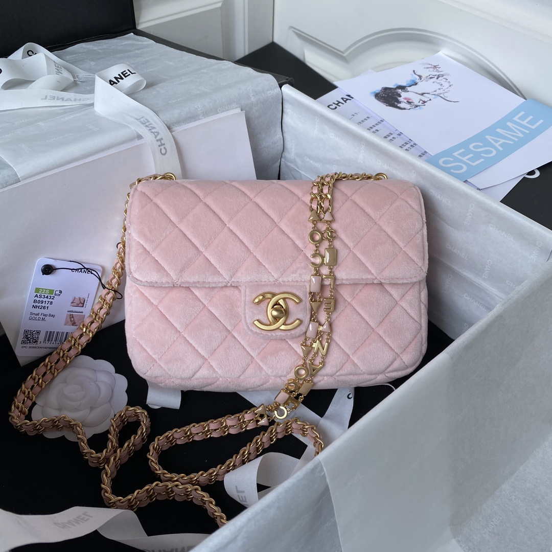 Chanel AS3432 Small Flap Bag Velvet Enamel & Gold-Tone Metal Pink - Default Title - View 1