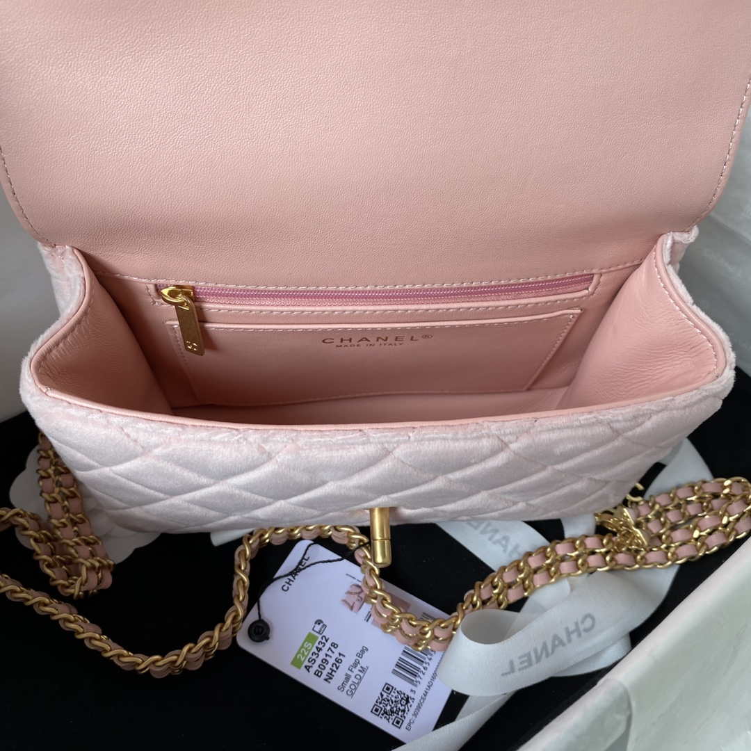 Chanel AS3432 Small Flap Bag Velvet Enamel & Gold-Tone Metal Pink