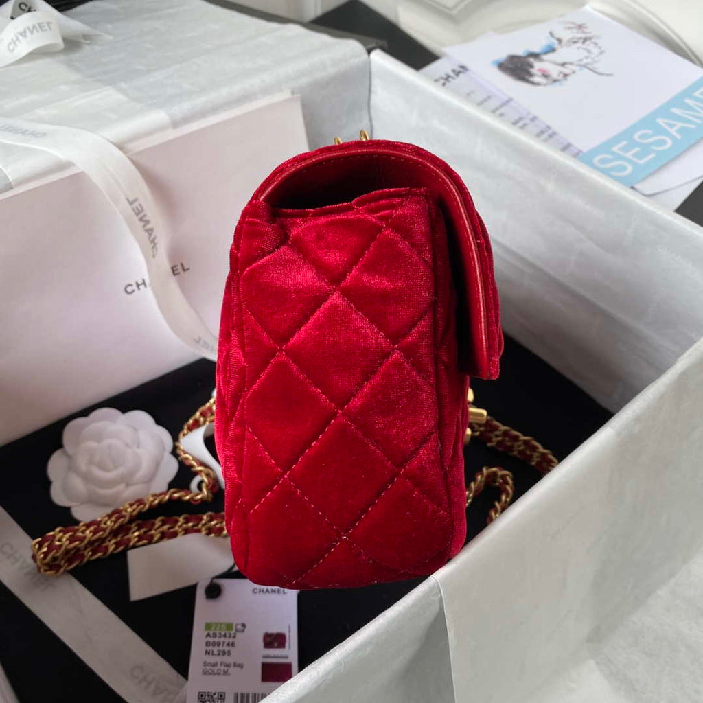 Chanel AS3432 Small Flap Bag Velvet Enamel & Gold-Tone Metal Wine Red