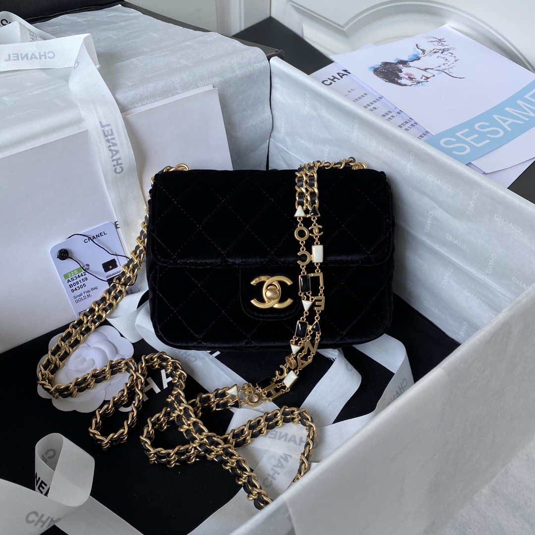 Chanel AS3442 Mini Flap Bag Velvet Enamel & Gold-Tone Metal Black - Default Title - View 1