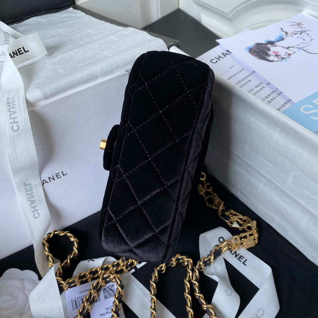 Chanel AS3442 Mini Flap Bag Velvet Enamel & Gold-Tone Metal Black