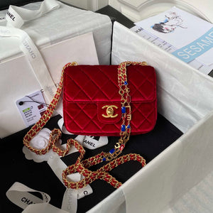 Chanel AS3442 Mini Flap Bag Velvet Enamel & Gold-Tone Metal Wine Red - Default Title - View 1