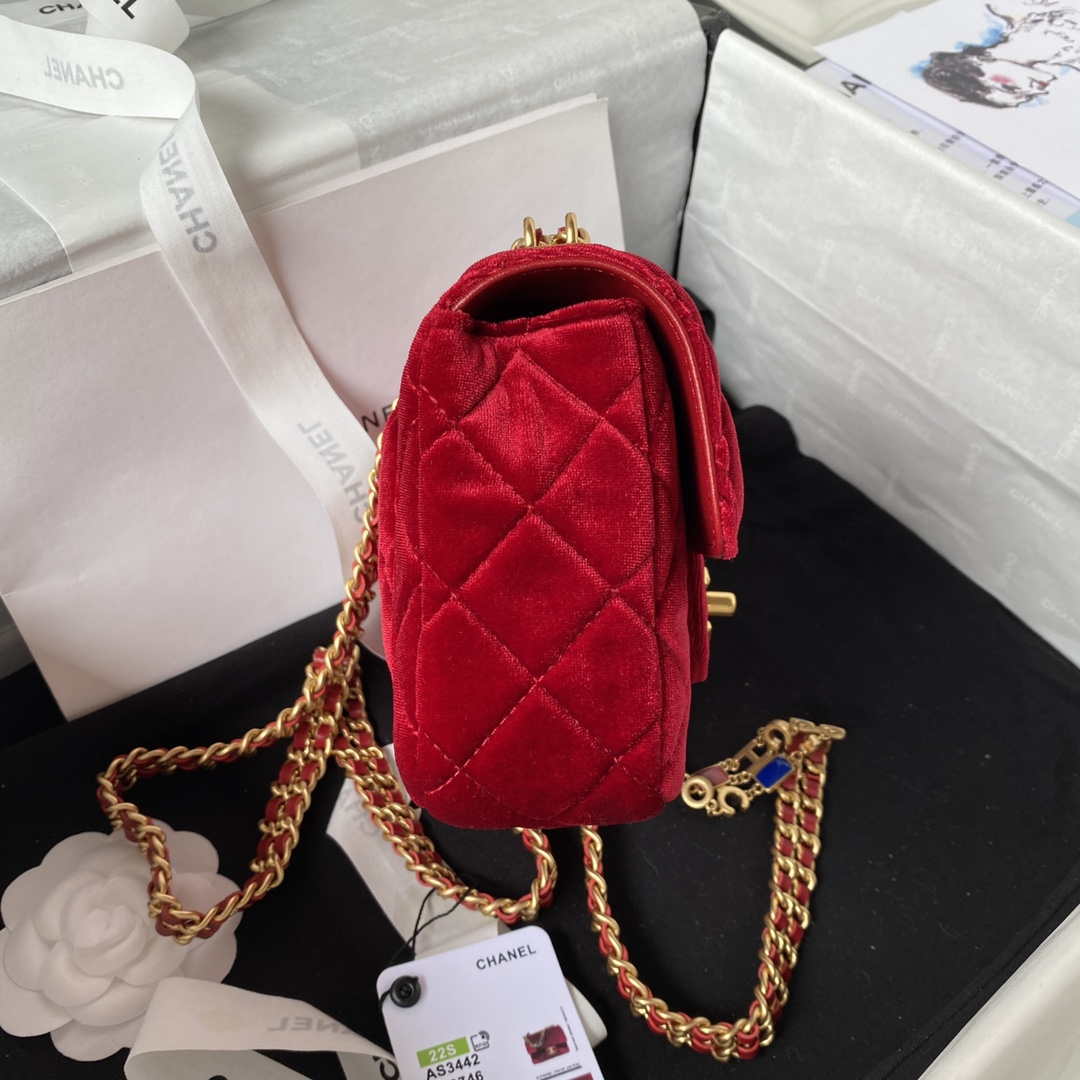 Chanel AS3442 Mini Flap Bag Velvet Enamel & Gold-Tone Metal Wine Red - Default Title - View 5