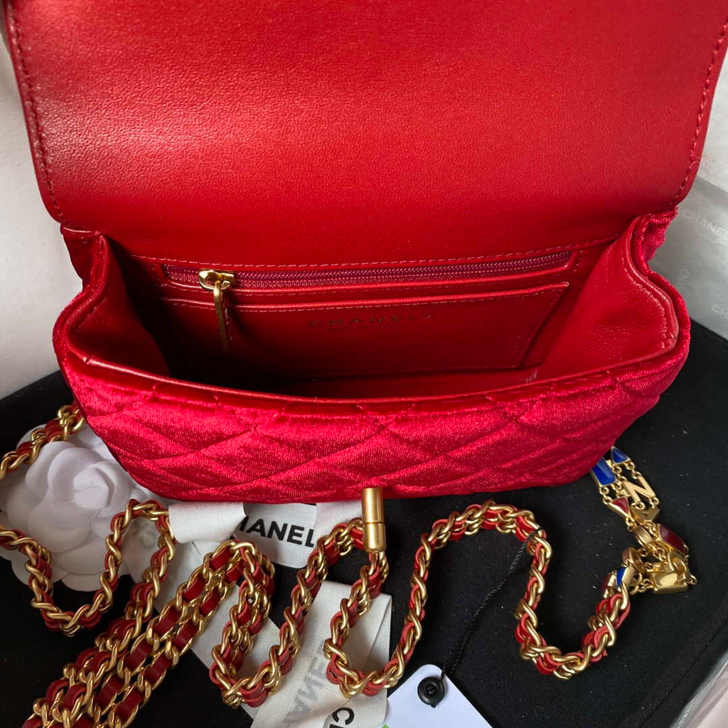 Chanel AS3442 Mini Flap Bag Velvet Enamel & Gold-Tone Metal Wine Red