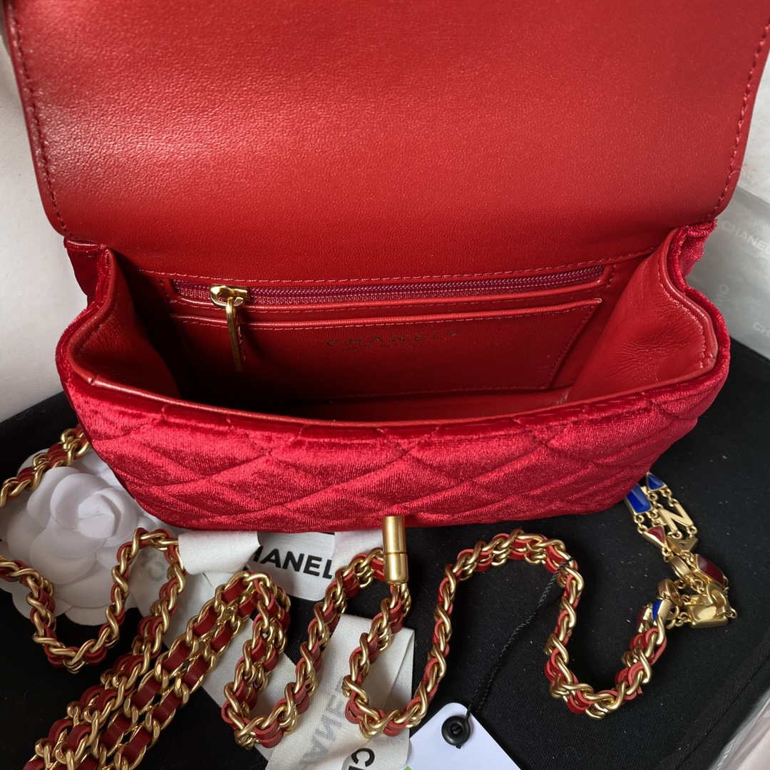 Chanel AS3442 Mini Flap Bag Velvet Enamel & Gold-Tone Metal Wine Red - Default Title - View 7