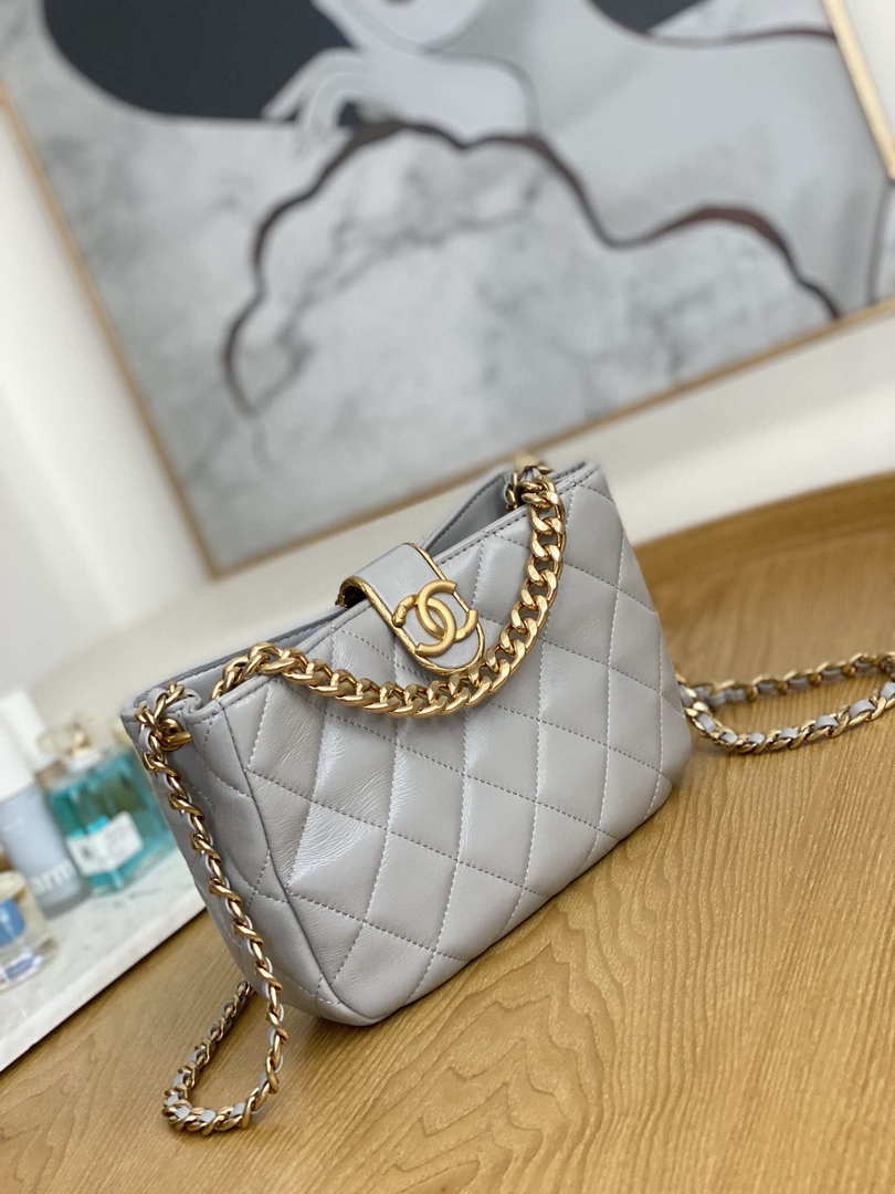 Chanel AS3476 HOBO Handbag Lambskin & Gold-Tone Metal Light Gray - Default Title - View 3