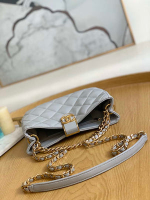 Chanel AS3476 HOBO Handbag Lambskin & Gold-Tone Metal Light Gray - Default Title - View 6