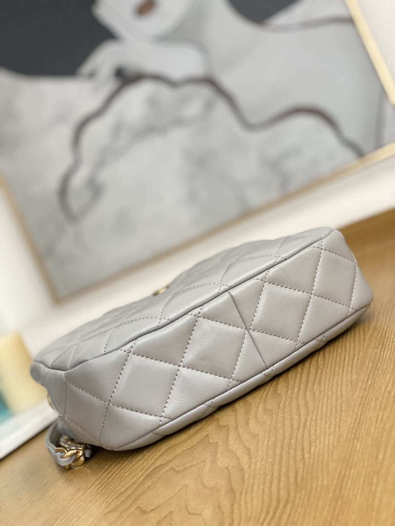 Chanel AS3476 HOBO Handbag Lambskin & Gold-Tone Metal Light Gray - Default Title - View 7