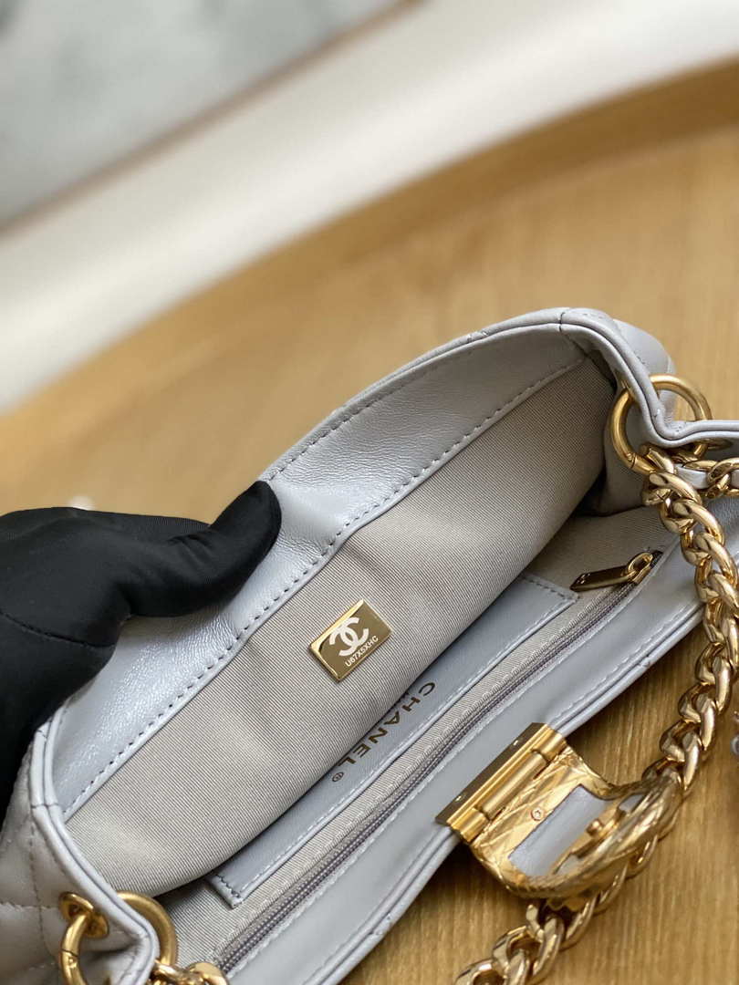 Chanel AS3476 HOBO Handbag Lambskin & Gold-Tone Metal Light Gray