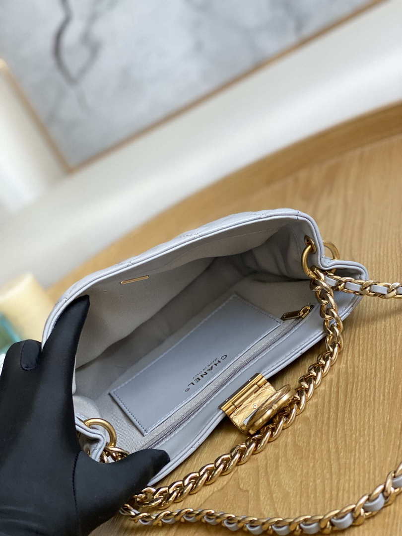 Chanel AS3476 HOBO Handbag Lambskin & Gold-Tone Metal Light Gray