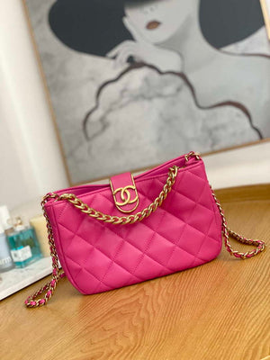 Chanel AS3476 HOBO Handbag Lambskin & Gold-Tone Metal Rose Red - Default Title - View 1