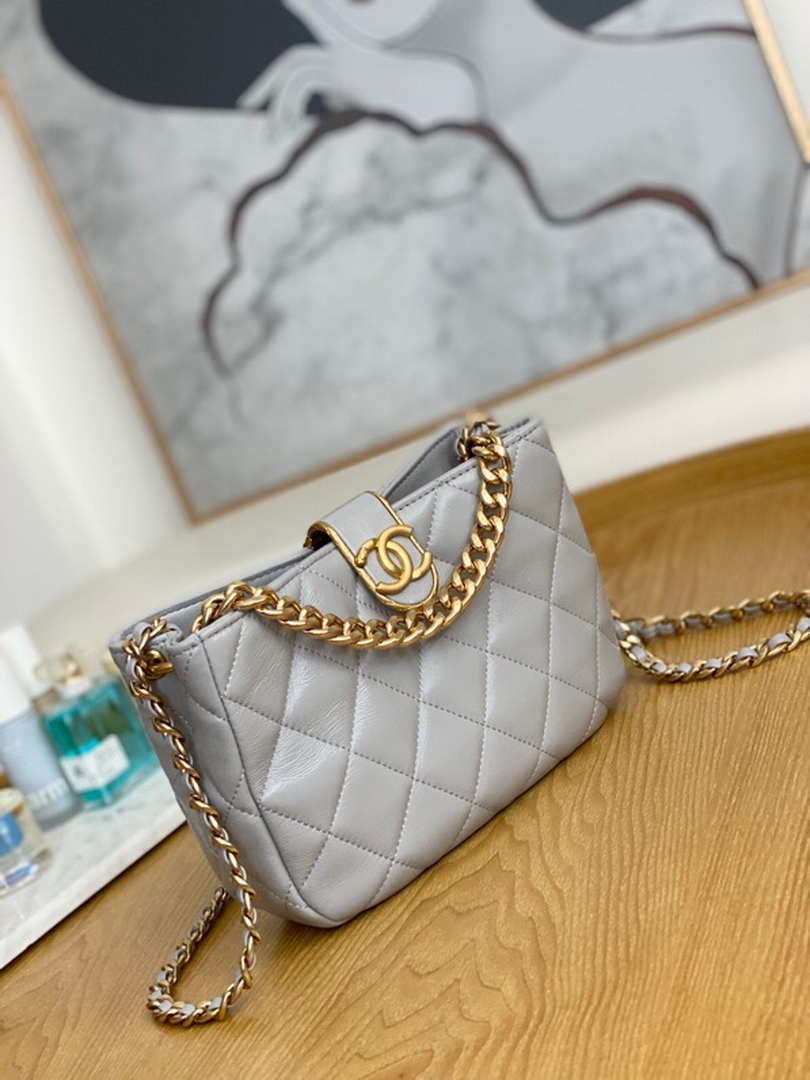 Chanel AS3476 Hobo Handbag Lambskin Light Grey