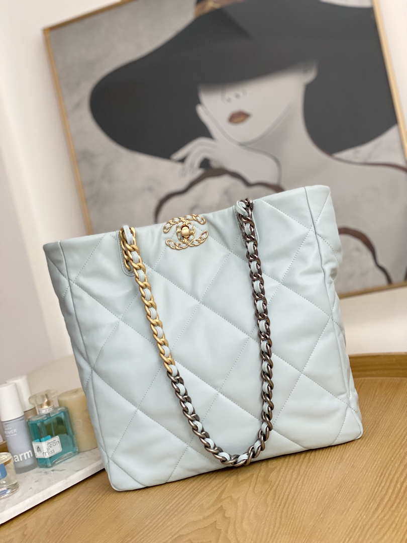 Chanel AS3519 CHANEL19 Shopping Bag Shiny Lambskin Light Blue - Default Title - View 1