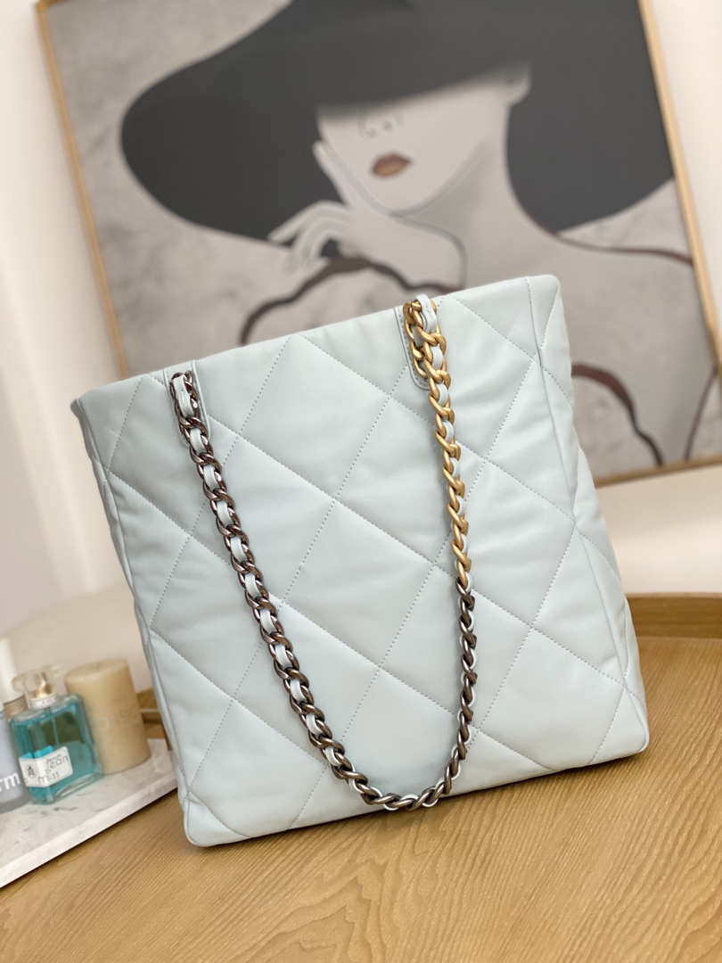 Chanel AS3519 CHANEL19 Shopping Bag Shiny Lambskin Light Blue