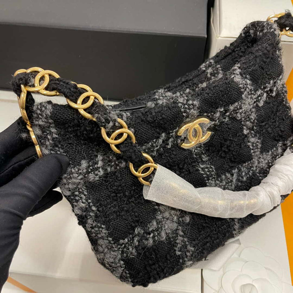 Chanel AS3562 Hobo Handbag Wool Tweed Black