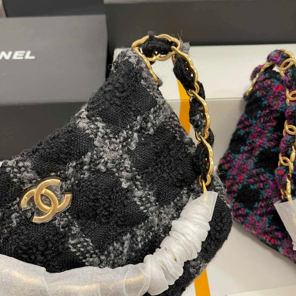 Chanel AS3562 Hobo Handbag Wool Tweed Black