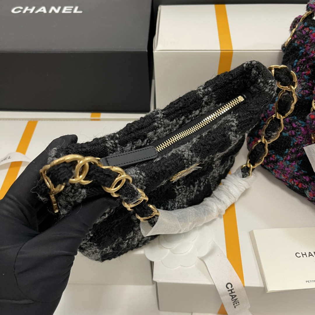 Chanel AS3562 Hobo Handbag Wool Tweed Black