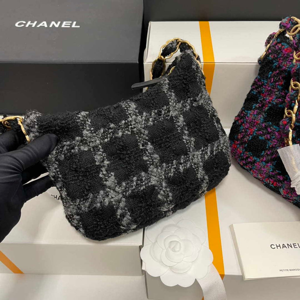 Chanel AS3562 Hobo Handbag Wool Tweed Black