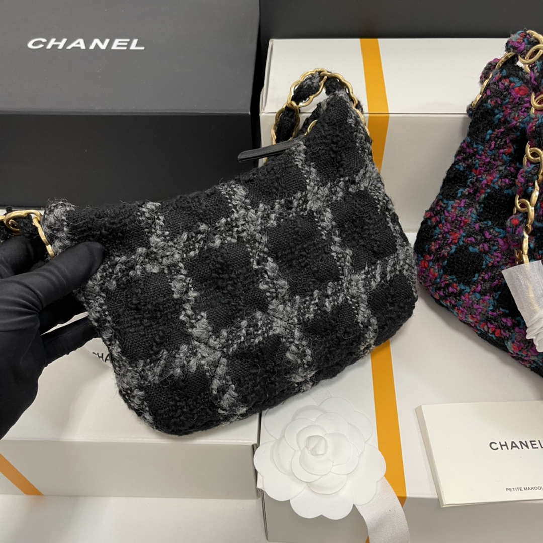 Chanel AS3562 Hobo Handbag Wool Tweed Black