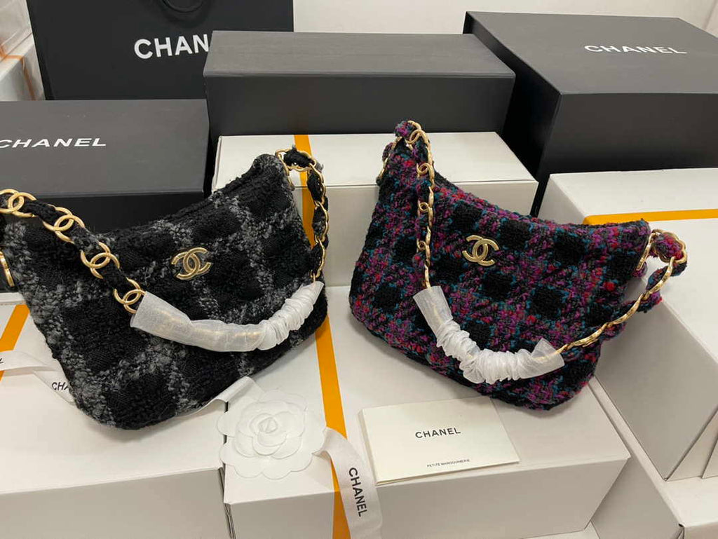 Chanel AS3562 Hobo Handbag Wool Tweed Black