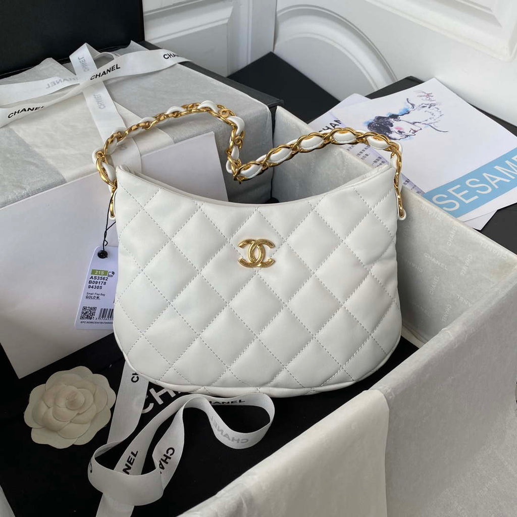 Chanel AS3562 Ssmall Hobo Handbag Lambskin White