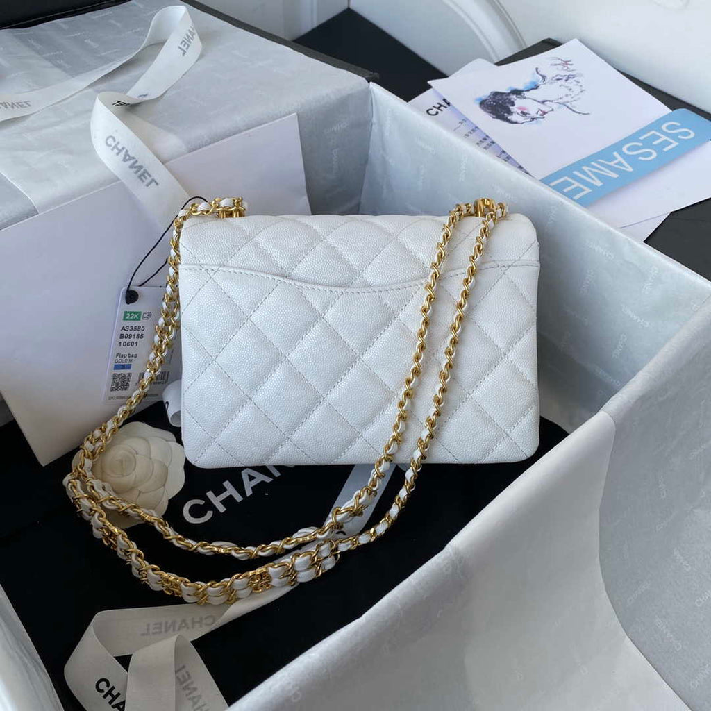 Chanel AS3580 Small Flap Bag Lambskin Lambskin & Gold-Tone Metal White