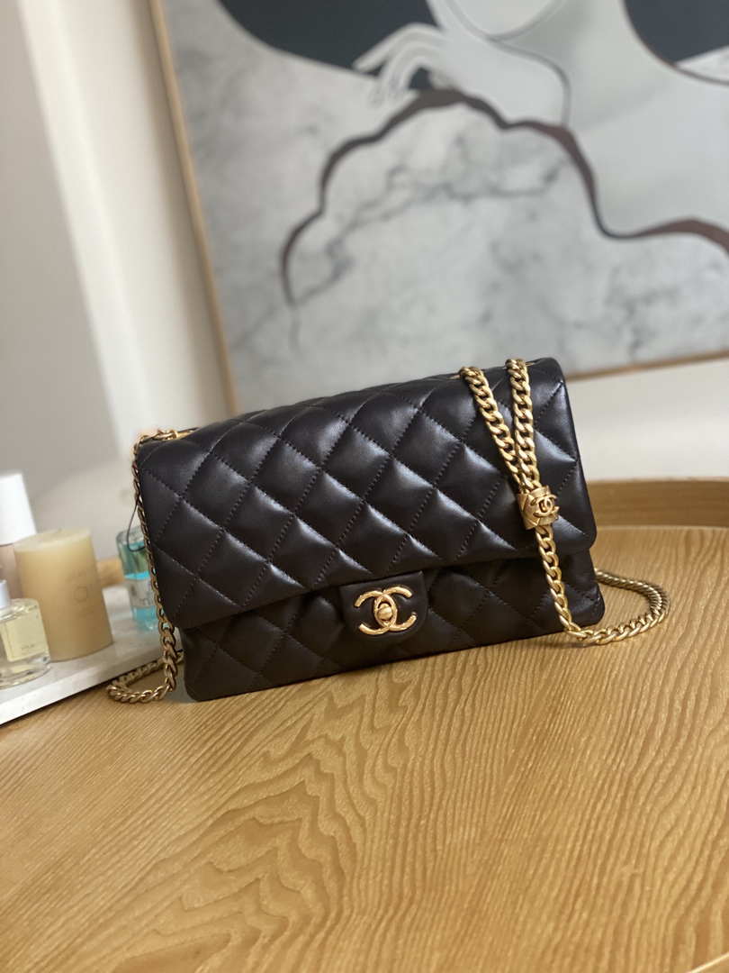 Chanel AS3609 Flap Bag Lambskin Lambskin & Gold-Tone Metal Dark Brown - Default Title - View 1