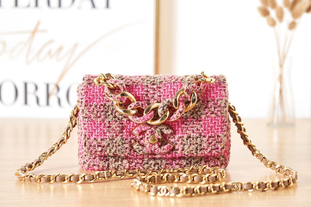 Chanel AS3611 Small Flap Bag Wool Tweed & Gold-Tone Metal Pink & Brown - Default Title - View 1