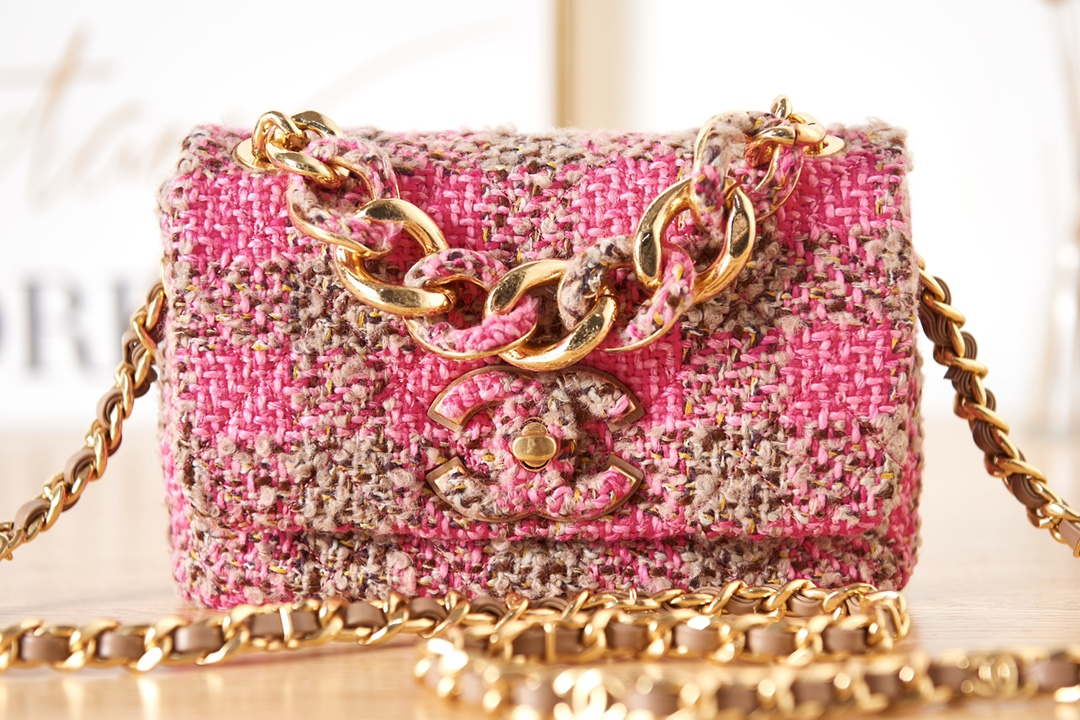 Chanel AS3611 Small Flap Bag Wool Tweed & Gold-Tone Metal Pink & Brown - Default Title - View 2