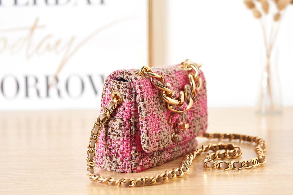 Chanel AS3611 Small Flap Bag Wool Tweed & Gold-Tone Metal Pink & Brown