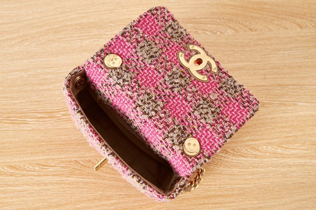 Chanel AS3611 Small Flap Bag Wool Tweed & Gold-Tone Metal Pink & Brown - Default Title - View 7