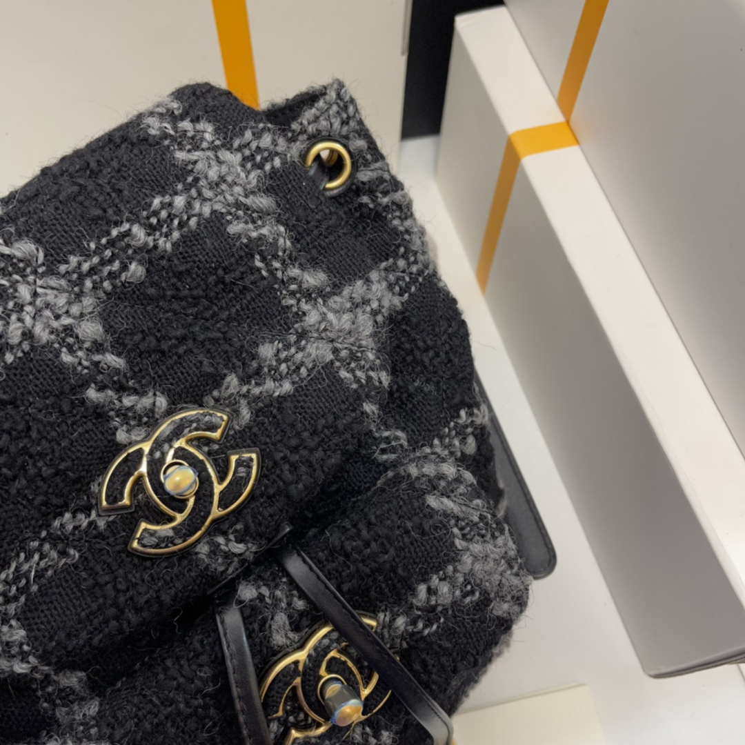 Chanel AS3615 Backpack Wool Tweed & Gold-Tone Metal Black & Gray