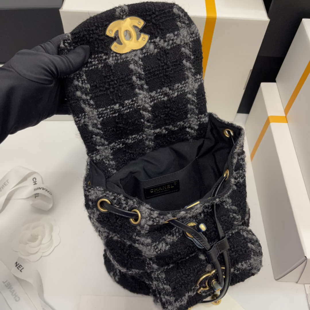 Chanel AS3615 Backpack Wool Tweed & Gold-Tone Metal Black & Gray