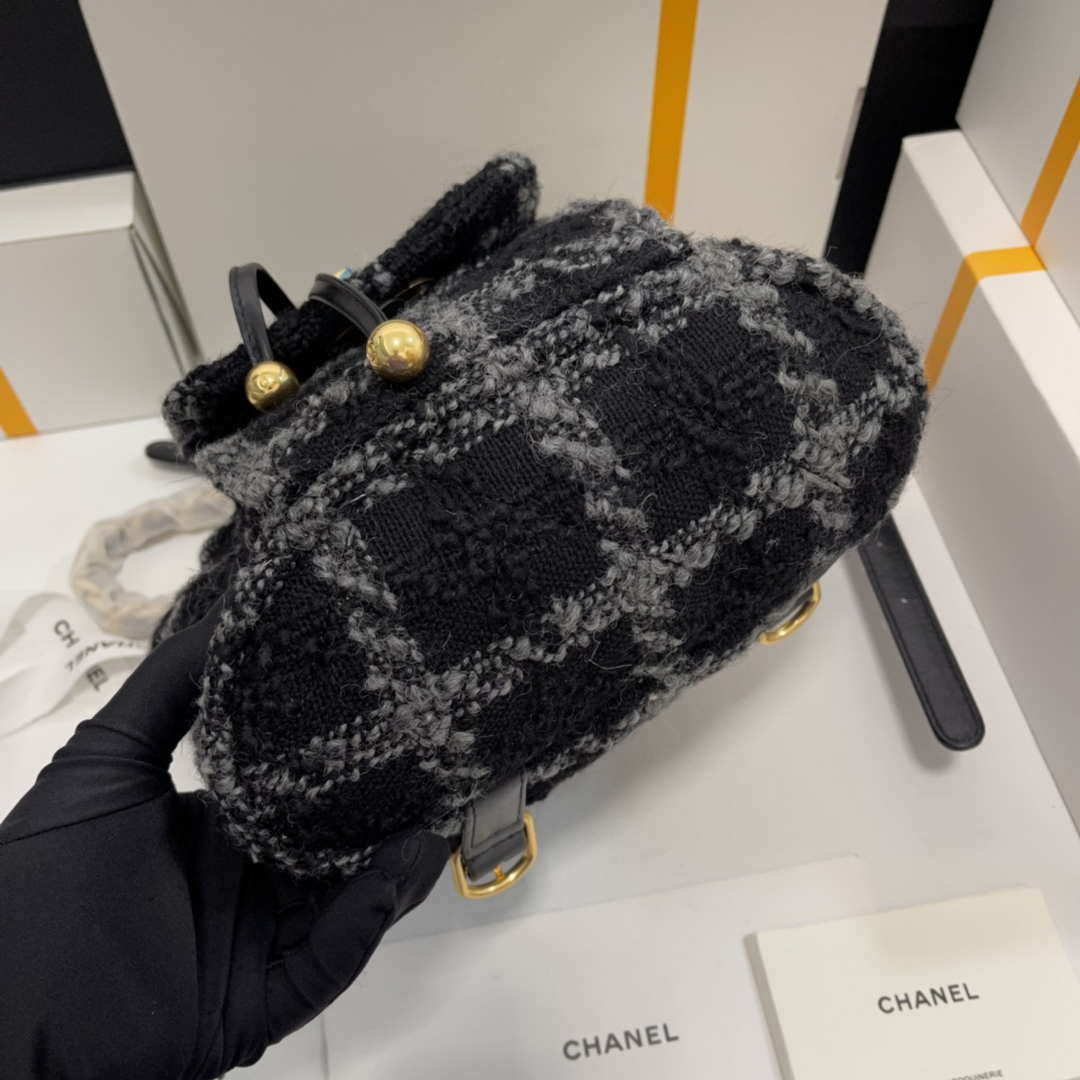 Chanel AS3615 Backpack Wool Tweed & Gold-Tone Metal Black & Gray