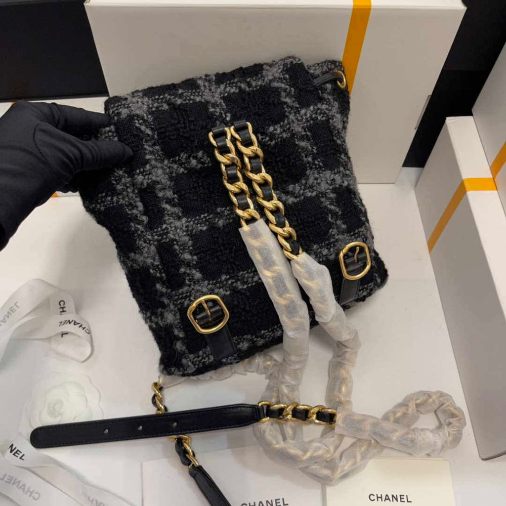 Chanel AS3615 Backpack Wool Tweed & Gold-Tone Metal Black & Gray