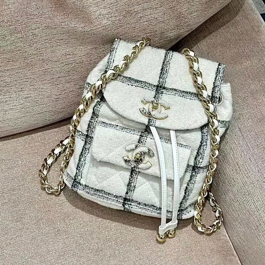 Chanel AS3615 Backpack Wool Tweed & Gold-Tone Metal Beige & Black