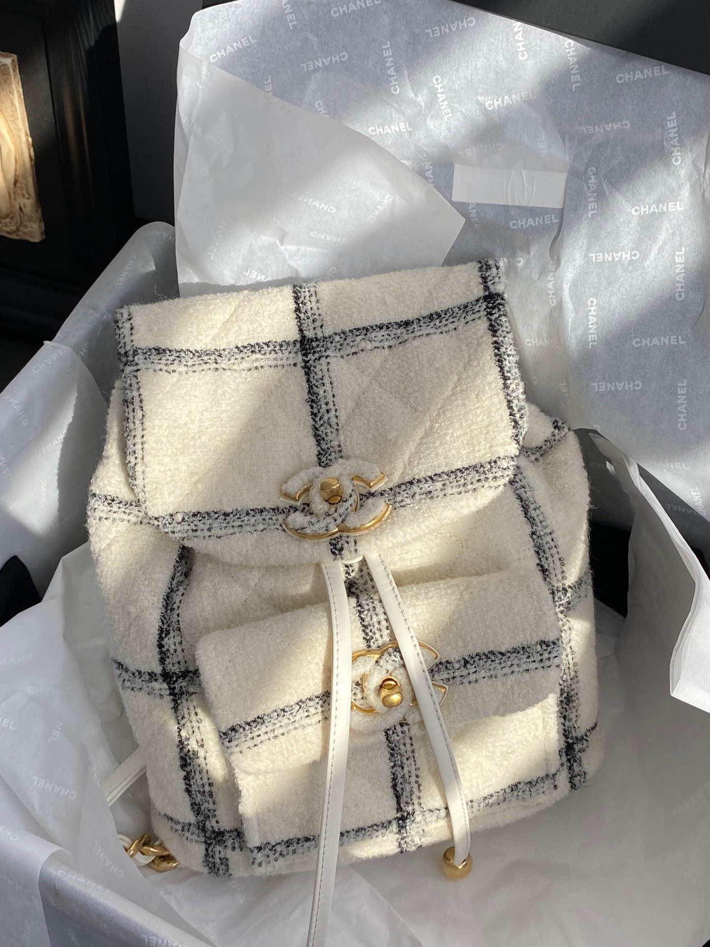Chanel AS3615 Backpack Wool Tweed & Gold-Tone Metal Beige & Black - Default Title - View 8