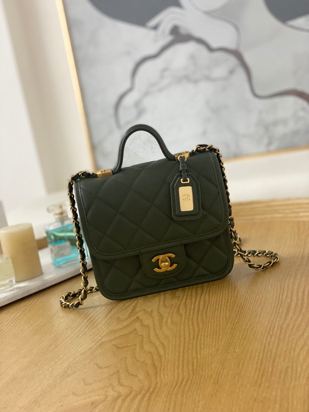 Chanel AS3652 Small Flap Bag with Top Handle Calfskin & Gold-Tone Metal Dark Green