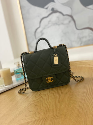 Chanel AS3652 Small Flap Bag with Top Handle Calfskin & Gold-Tone Metal Dark Green - Default Title - View 1