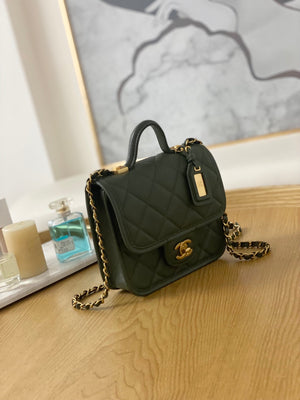Chanel AS3652 Small Flap Bag with Top Handle Calfskin & Gold-Tone Metal Dark Green - Default Title - View 3