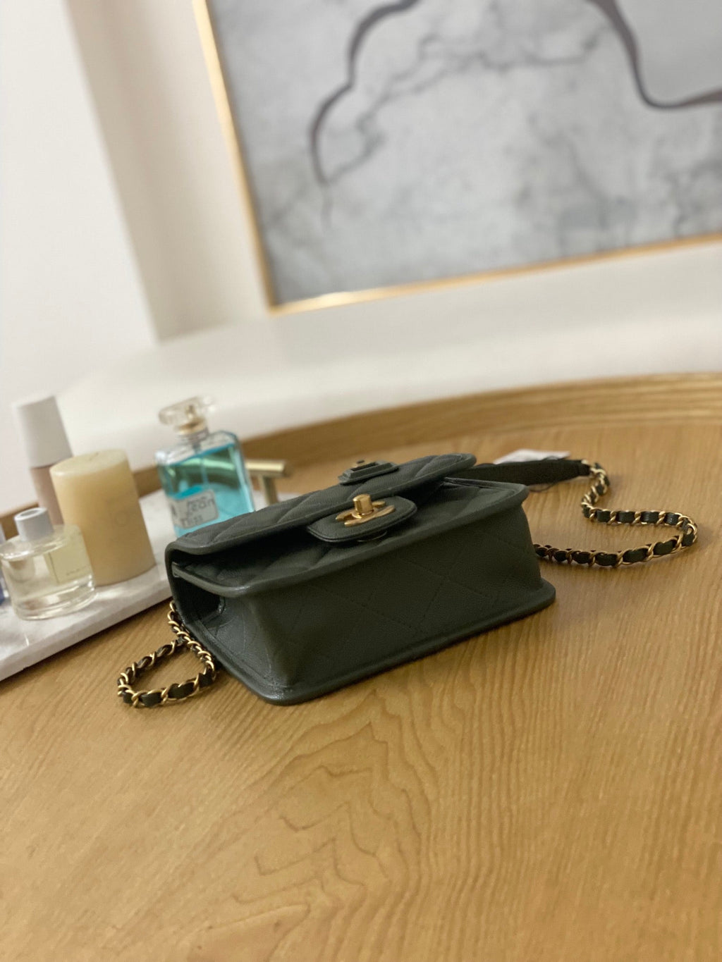 Chanel AS3652 Small Flap Bag with Top Handle Calfskin & Gold-Tone Metal Dark Green